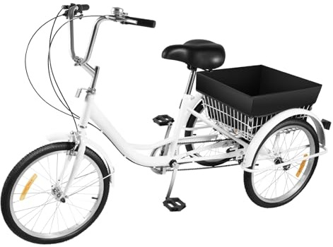 Kanbihao 20 tums trehjuling för vuxna, 8 växlar 3 hjul cykel med shoppingkorg, krets stadscyklar lastcykel för shopping picknick rekreation (vit, svart)