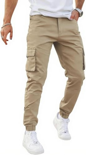 GINGTTO Pantalones Cargo Hombre Slim Fit Largo Elásticos Joggers Pantalón Ajustado Stretch con Multibolsillos Khaki 30