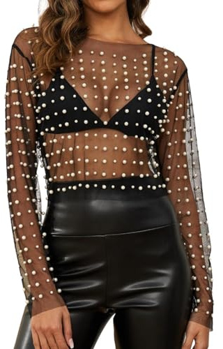 2025 - Camicia da donna con perle di strass Sheer Mesh Crop Top trasparente a maniche lunghe slim fit cropped camicetta da discoteca da spiaggia da donna corta senza spalle, trasparente, L
