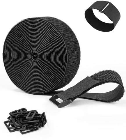 Zofory Kardborreband 6 m x 5 cm, med 30 spännen, krokband för att skära till storlek, kardborreband, justerbara kabelremmar med öglor, svart