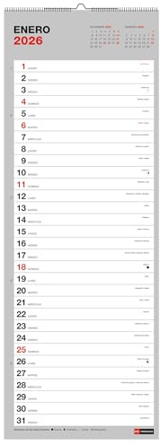 Miquelrius - Grundläggande väggkalender 2026, 155 x 430 mm årlig organisatör, med poängplats, dubbel spiralbindning, 12 månaders planerare
