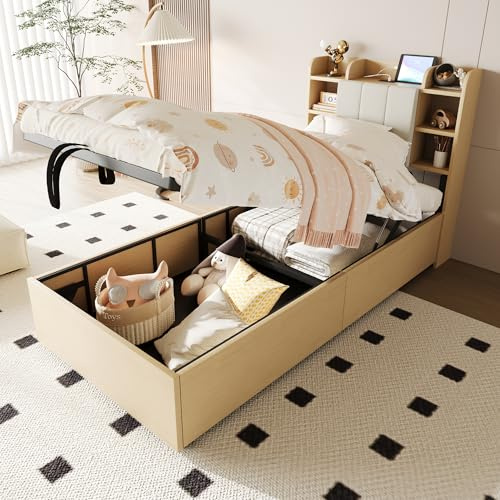 LAKFEW Cama Individual Camas Juveniles 90x200 cm con Almacenamiento Hidráulico y USB, Cama 90 Camas Individuales con Compartimentos, Marco Metálico y Listones de Madera, Color Madera, Sin Colchón