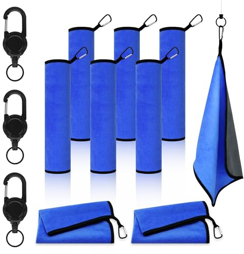 mayoken® 9 Pack Blue Fishing Towels with Clips & Zinger Retractors, Quick-Dry Absorbent Microfiber Bait Towels for Fishing, Boating, Kayaking, Camping & Hiking