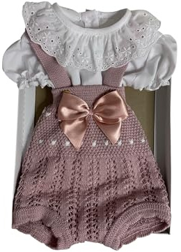 Genérico Conjunto de Bebé, camisa con Cuello de Encaje Blanco y Peto Tejido Rosa, Lazo de Satén. Talla única.