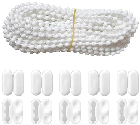 Lomvarith 10 Meters Roller Blind Bead Chain Replacement with Connectors, White Cord for Venetian Blinds, Roman Vertical Blind Chain, 10 Bead Chain Connectors