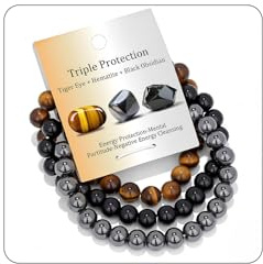 AstraGlam Bracciale Uomo, 8 mm Occhio di Tigre, Ematite, Bracciali per Uomo, Ossidiana Nera, Bracciale di Perle in Pietre Naturali per Uomo, Bracciale Elastico Fatto a Mano con Tripla Protezione