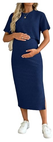 GORGLITTER Women's Maternity Co Ord Sets Rib Knit Short Sleeve Crewneck Top Split Midi Skirt 2 Piece Lounge Wear Dark Blue Small