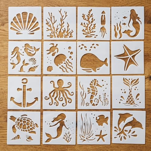 16 Pcs Sea Creatures Stencils for Painting, Reusable Animal Templates | For Kids DIY Crafts, Scrapbooking, Wall Art & Wood Decor