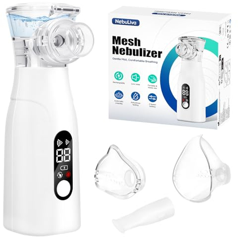 NebuLiva Nebulisateur Portable pour Adultes et Enfants | Écran digital intelligent, Fonction auto-nettoyante, Batterie rechargeable, Silencieux, Inclut 2 masques et embout buccal