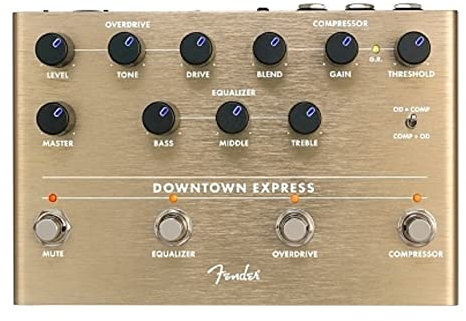 Fender Downtown Express Bass Multi-Effektpedal, Kompressor, Overdrive, 3-Band EQ, Direktausgang, LED-beleuchtete Regler, Effektreihenfolge-Umschalter