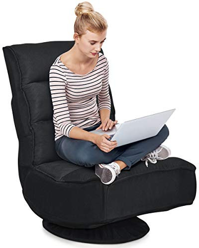 RELAX4LIFE Bodenstuhl mit 360° drehbarem Sockel, Bodensessel mit 5 winkelverstellbarer Rückenlehne 90°-135°, klappbarer Relaxsessel, bis 120kg belastbar, Lazy Sofa für Wohnzimmer und Büro (Schwarz)