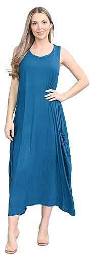 janisramone® Womens Parachute Italian Lagenlook Midi Dress, Sleeveless Round Neck Stretchy Tulip Dress, Plain Long Summer Dresses for Women UK, Casual & Holiday Ladies Midi Dresses