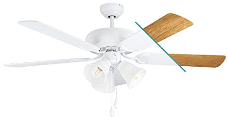 EGLO Deckenventilator LAS PALMAS, 5 Flügel Ventilator mit Licht, Zugkette, Wendeflügel aus Schichtholz in Weiß oder Eiche, Gehäuse aus Stahl in Weiß-Matt, Sommer Winter Betrieb, AC Motor, Ø 132cm