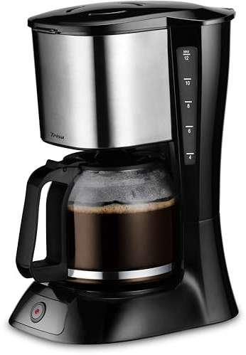 Trisa Perfect Coffee 12 Filterkaffeemaschine Groß (1,5L / 12 Tassen), Kaffeemaschine mit Edelstahl-Front & Dauerfilter, 900W Kaffeeautomat inkl. Glaskanne, Tropfstopp & Warmhaltefunktion, Schwarz