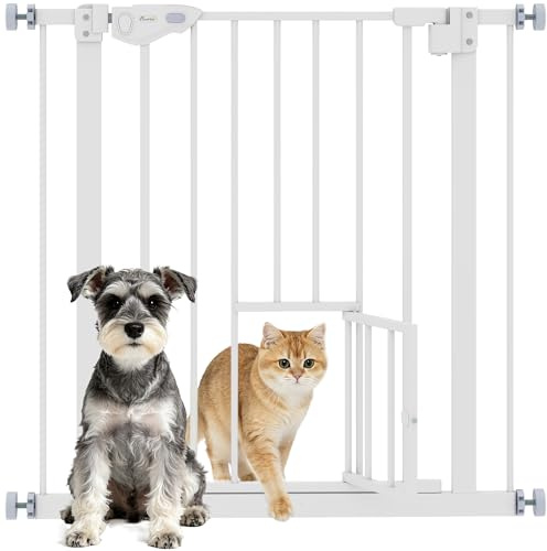 PawHut Barrera de Seguridad para Perros Barrera para Mascotas Extensible con Puerta Pequeño Cierre Automático y Sistema de Doble Bloqueo para Puerta Pasillo Escalera 74-80x76,2 cm Blanco