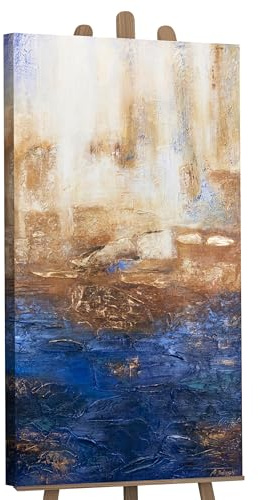 YS-Art Cuadro Pintura Abstracta Hecho a Mano Ultramar II Vertical Pintado en acrílico Azul Oscuro con Dorado Arte Moderno 120x60 cm