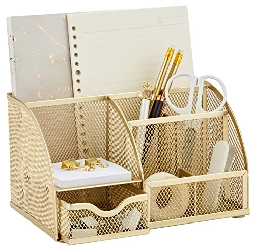 Annova Mesh Desk Organizer Office with 7 Compartments + Drawer/Desk Tidy Candy/Pen Holder/Multifunctional Organizer (Gold)
