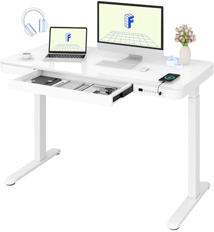 FLEXISPOT Q3 Standing Desk, Home Office Electric Height Adjustable Sit-Stand Desk with Drawer & Fast USB Chargers (Milky, 120 x 60 cm)