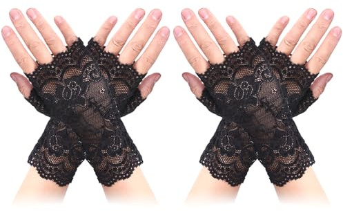 WLLHYF 2 par spetsar handskar kvinnor svarta kort skurna fingerlösa handskar halloween fingerhandskar för flickor bröllop brudtärna cosplay party avslutningsbal maskerad tillbehör, svart, 17 cm x 9 cm