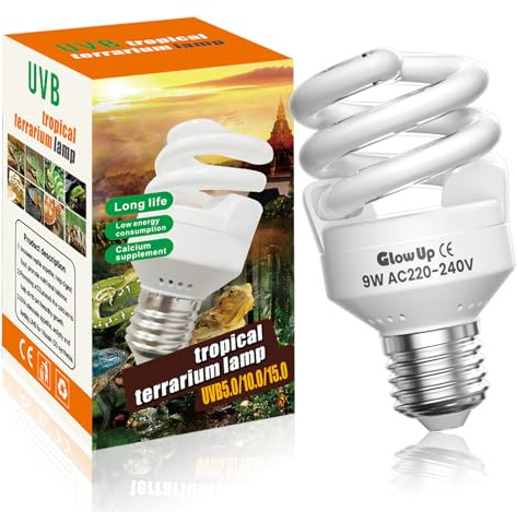 Glowup 9W UVB 5.0 E27 Lampada per Tartarughe e Rettili AC220-240V, Lampadina Fluorescente UVA UVB per Acquario, Contenitore di Vetro, Mangiatoia, Tartaruga, Serpente (1Pcs)