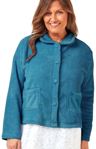 Marlon Women's Lucy Fleece Bed Jacket - Soft Short Robe with Collar, Long Sleeves & Button or Zip Closure - Cosy & Warm Loungewear, New Teal, 24-26