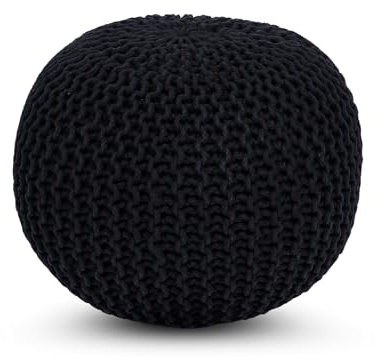 ARJORA Pouf rond 100 % coton tricoté à la main – Décoration d'intérieur pour canapé, peut être utilisé comme repose-pieds pour salon, chambre d'enfant, terrasse, salon, 45,7 x 35,6 cm – Noir