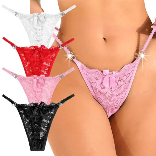 Telooco 4 Stück Spitzen Tangas Damen Sexy G String Tanga Verstellbar Spitzen Strings Set Niedrige Taille Unterhosen Lingerie Woman Unterwäsche Frauen Tangas Slip (Schwarz Weiß Rosa Rot, L)