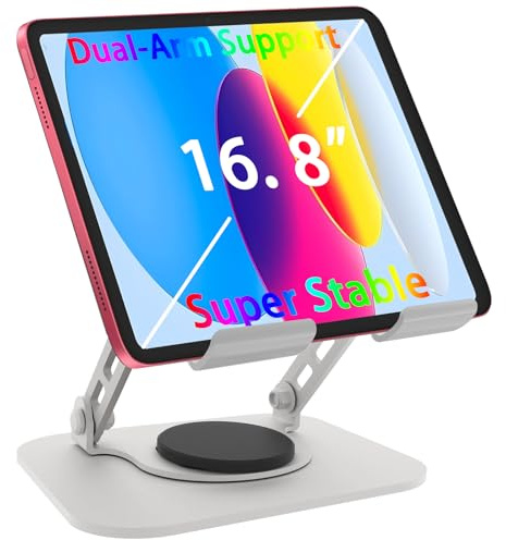 TAPMEI 360° Rotation Tablet Stand, Dual-Arm Support iPad Holder, Silvery | Super Stability, Multi-Node Free Adjustment, Fully folded, Wide Compatibility, Fits All 4-16 Tablets