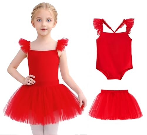 Tutu.kk Ballet Leotards for Girls Toddler Leotard Sleeveless Crisscross Back Dance Dress with Removable Outfit Combo Red 6-7 Years