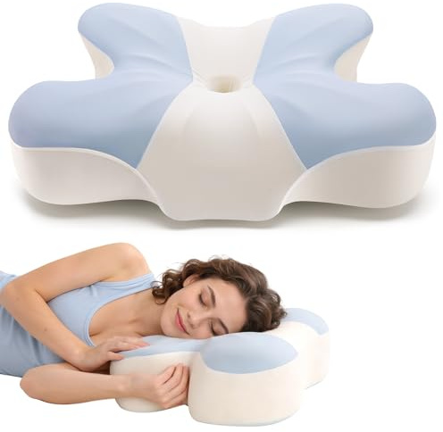 A-Pce Almohada Cervical y Cuello para Aliviar el Dolor, Almohada Cervical para el Cuello con Funda Transpirable y Extraíble, para Quienes Duermen de Lado, Boca Arriba o Boca Abajo, Azul