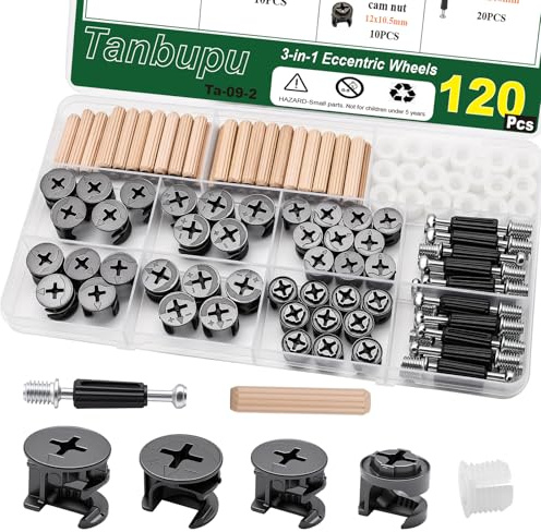 Tanbupu 120 Pcs Cam Locks for Furniture Connecting Fittings, 3 in 1 Cam Connector Bolt Fittings Fasteners Hardware Parts for Drawer Dresser Cabinet（Black