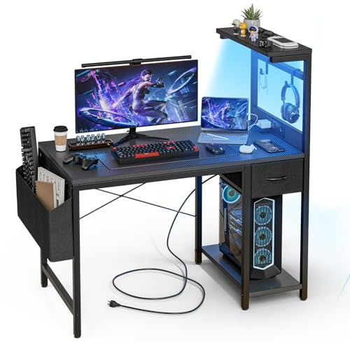 Grandder 100x50 cm Gaming Desk with Sockets and LED Light, Black | Small Computer Desk with Reversible Shelves, Fabric Drawer and Side Bag; 2 UK Sockets, USB-A and USB-C