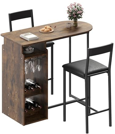 Garvee Set Moderno de Mesa de Bar y 2 sillas - Estantes de 3 Niveles y botellero - Soporte para Copas - Taburetes tapizados en Terciopelo o Piel sintética - Ahorra Espacio - Ideal Cocina/Comedor/Bar