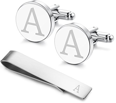 LOYALLOOK Classic Engraved Initial Cufflinks and Tie Clip Bar Set Alphabet Letter Formal Business Wedding Shirts A