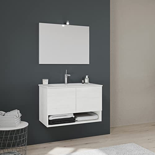 Kiamami Valentina - Mobile bagno sospeso 80cm con ante quercia bianco effetto legno Venezia