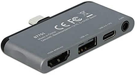 DeLock Mini USB C HUB für iPad Pro, 4 in 1 USB C Adapter mit HDMI 4K 60 Hz, USB C Powe Delivery 2.0 bis 100w, USB 2.0 Port, 3,5 mm Headset Buchse, 87751