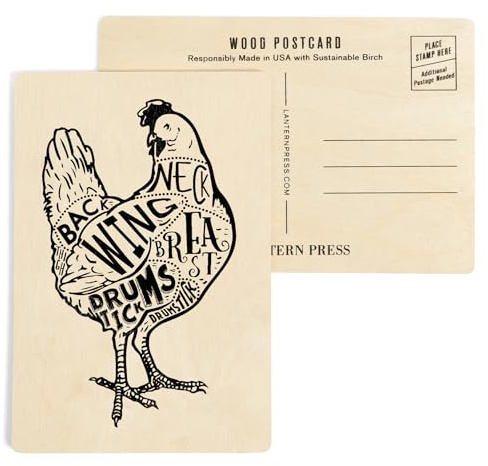 Chicken, Butchers Block Meat Cuts, Black Chicken on White (4x6 Birch Wood Postcards, 2-Pack Stationary, Rustic Home Wall Decor)