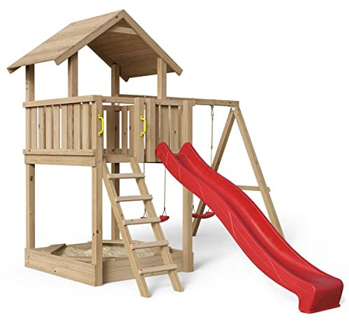 Spielturm Mia 358 - natürlich Lärche - außergewöhnlich - Spielturm mit Holzdach, Sandkasten, Doppelschaukel und Rutsche rot
