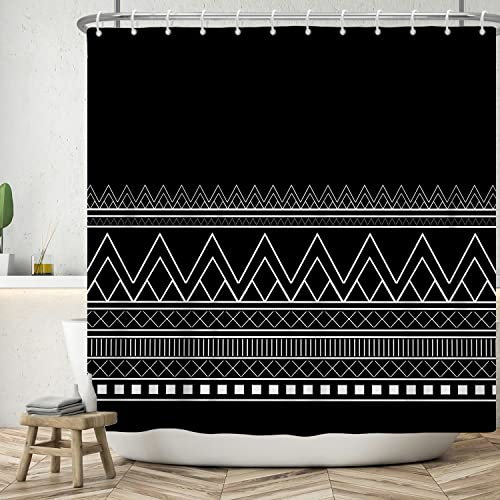 ASDCXZ Duschvorhang Schwarz 180x200 cm, Modern Boho Schwarz Weiss Welle Linien Wasserdicht Bad Duschvorhänge Ösen Stoff Waschbar Polyester Textil Duschvorhang für Badewanne mit 12 Duschvorhang Hake