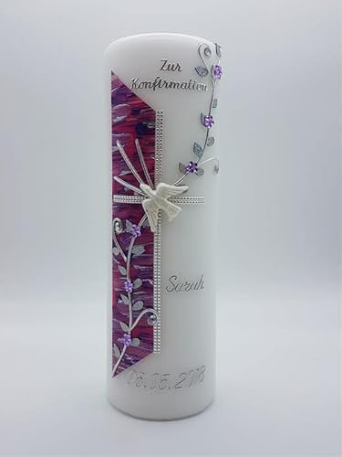 Konfirmationskerze K-81 in vers. Farben inkl. Namen und Datum - auch zur Kommunion Firmung Taufe HANDARBEIT - optional Spruch auf Rückseite, Geschenkverpackung & Kerzenständer