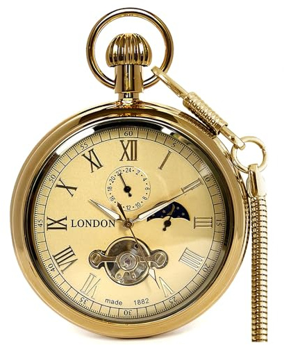 VIGOROSO Men's Vintage Full Copper Hand-Wind Mechanical Pocket Watch for Men with Chain Tourbillon Watches for Dad