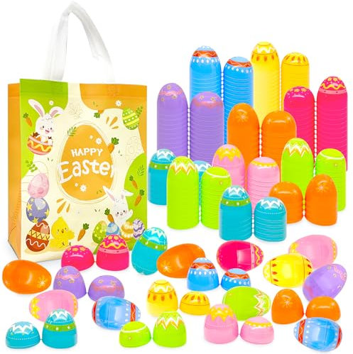 72Pcs 6×4cm Painted Iridescent Easter Eggs for Kids Basket Bag Stuffers Fillers with 1pc Easter Hunt Game Non-Woven Bag, Toys Filling Treats and Easter Theme Party Favour
