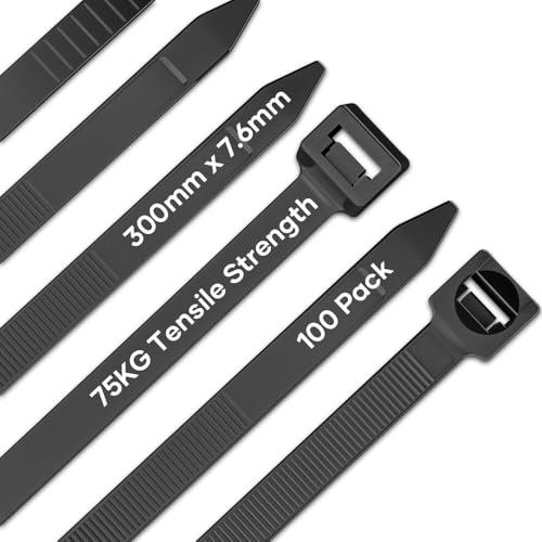 NEEKFOX 100 Stück Kabelbinder Schwarz 300mm x 7,6 mm, UV-Beständig 75KG Zugfestigkeit ultra starke Kabelbinder für Kabelmanagement, Gartenarbeit, Wohnen, Werkstätten