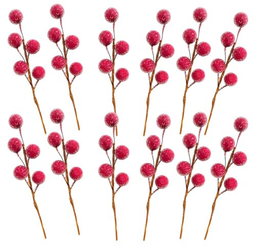 Christmas Frosted Berry Pack Holly Mini Artificial Red Berry Stems for Wreath Garland Making Frosted Fruit Flower Decor