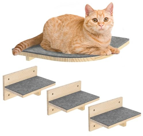 Pawtasy Kletterwand Katzen Katzentreppe Wand 4er-Set Katzen Kletterwand Set Stabiler Katzenwand Naturholz Katzenleiter Katzenwandparkour tragfähig bis 35 kg