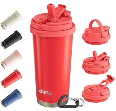 Exllena resemugg – isolerad kaffekopp 500 ml med 3-i-1-lock – 100 % läckagesäker kaffemugg med handtag och klämma perfekt för resor, kontor och utomhusaktiviteter ... (röd)