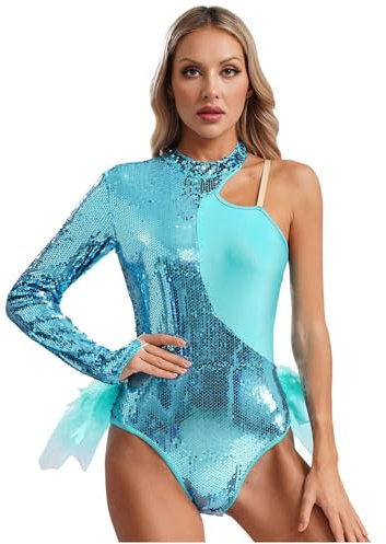 Yhong Damer paljetter dansbody glitter långärmad balett body med fjädrar konståkning gymnastik tröja leotard balettkläder danskläder, blå, S