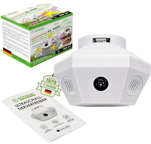 ISOTRONIC® Spaventa martore con spina – per 100 mq | tradizione dal 1979 | Repellente per topi per soffitta, casa, magazzino, garage, garage | Collegamento a una presa | con ultrasuoni e luce LED (1)