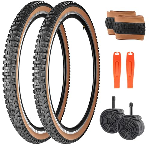 MAKELEN Mountain City Bicycle Tires with Aggressive Tread, Anti-Slip, Excellent Grip Water Drainage - Compatible with MTB, Hybrid, Commuter Bikes (Brown Side(2 Tires&2Tubes), 29x2.3 inch)