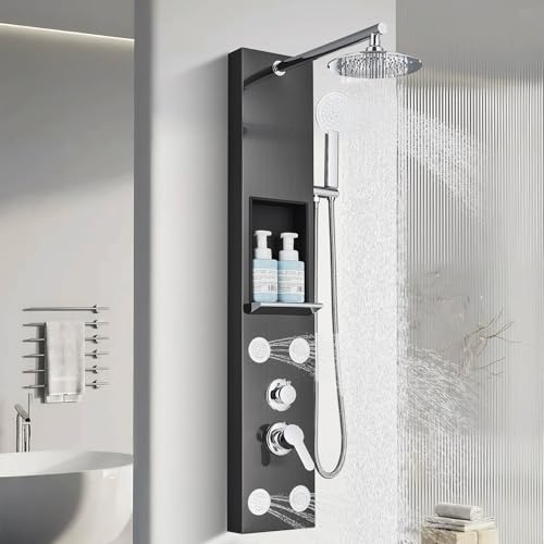 Panel de ducha con sistema de columna Columna de ducha de masaje hidráulica 5 en 1 con lluvia, Panel de ducha montado en la pared con cascada ducha de mano hidromasaje y boquilla de bañera Negro